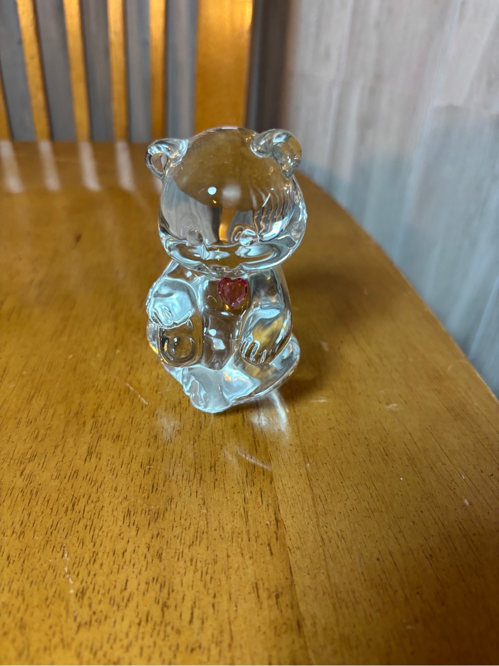 Clear Glass Teddy Bear Figurine with Pink Heart Accent Approx. 3”
